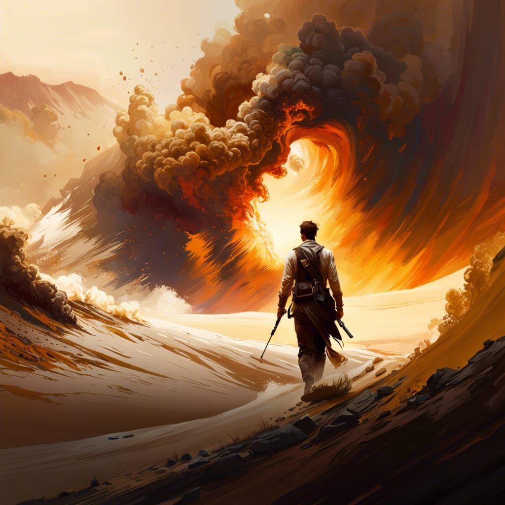 Figure Walking into Fire in Digital Art Style