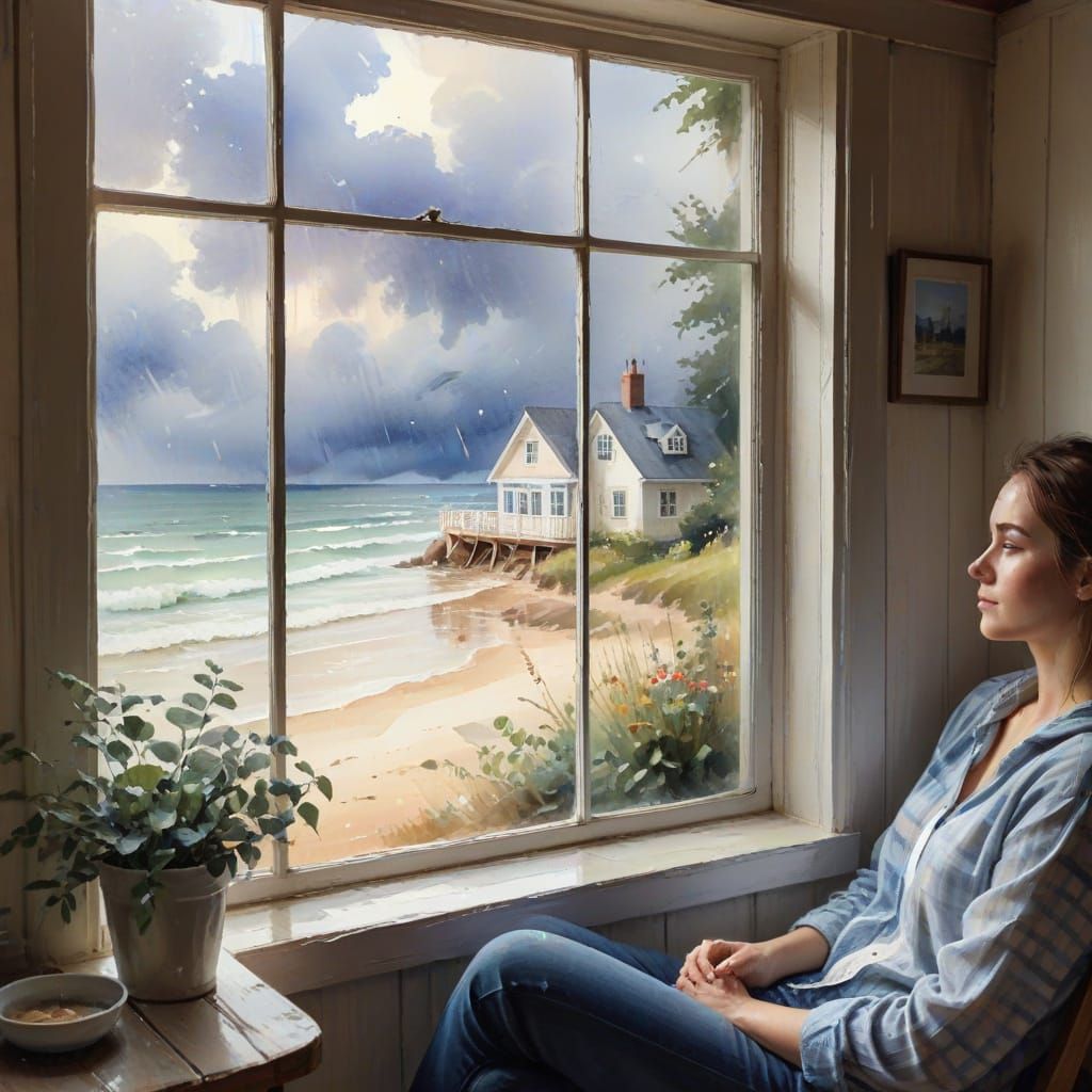 Cozy Beach Cottage on a Rainy Day in Watercolor Style
