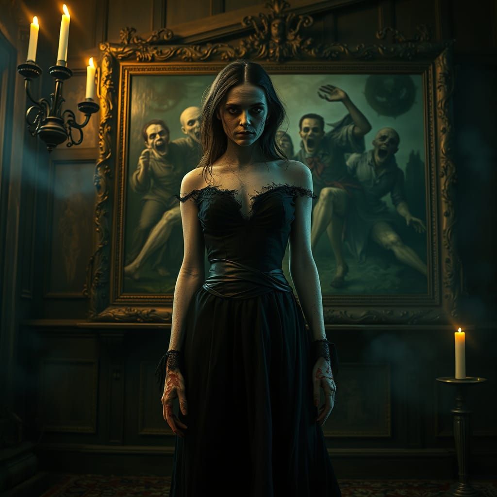 Ghostly Woman in Decaying Gothic Manor