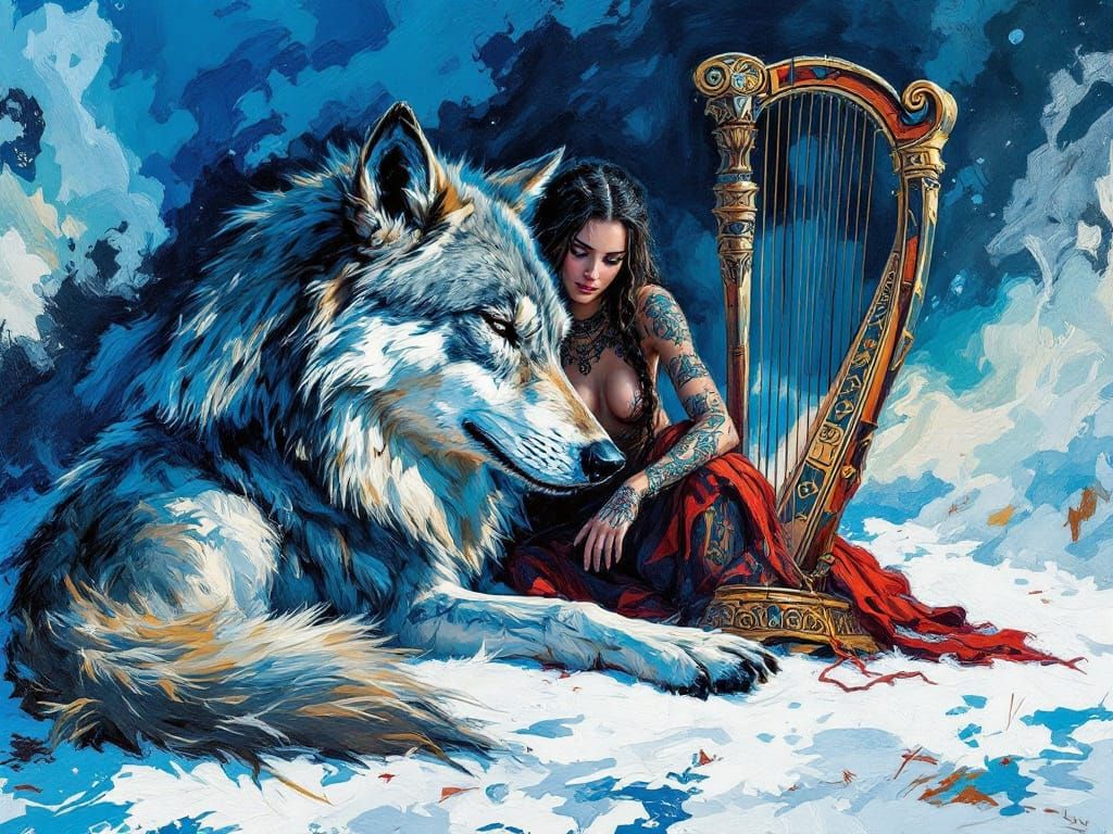 Grey Wolf Rests Head on Ancient Harp with Ice Age Woman