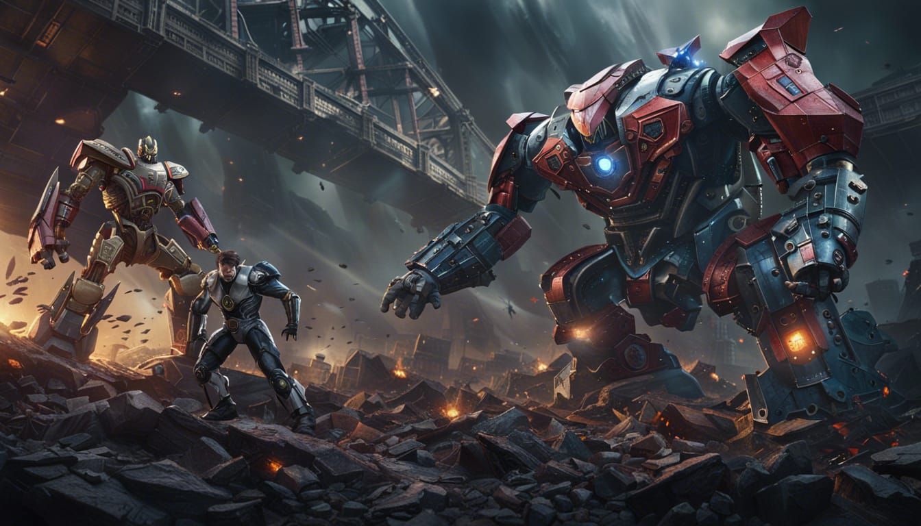 epic battle between a superhero and an evil giant robot