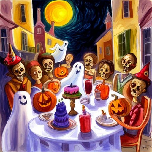 Ghostly Halloween Birthday in Gouache Style