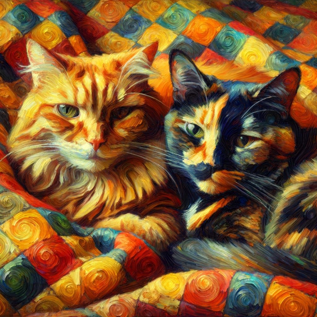 Cats Snuggling on Quilt as Impasto Oil Painting