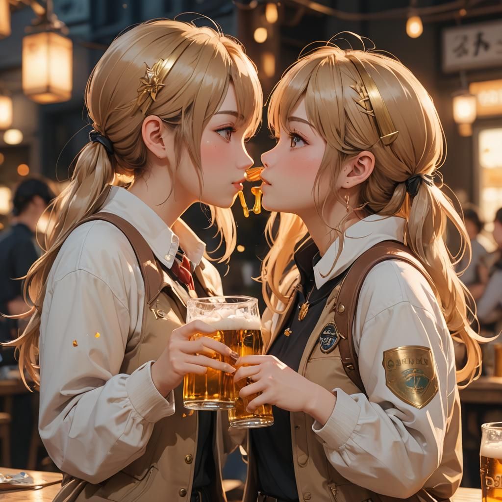 Anime Girls Kissing with Beer in Golden Light