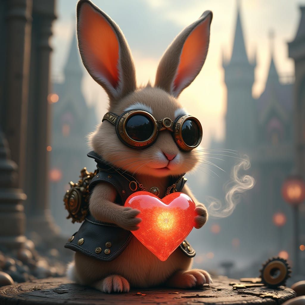 Steampunk Rabbit Holding a Glowing Heart in a Dreamlike City
