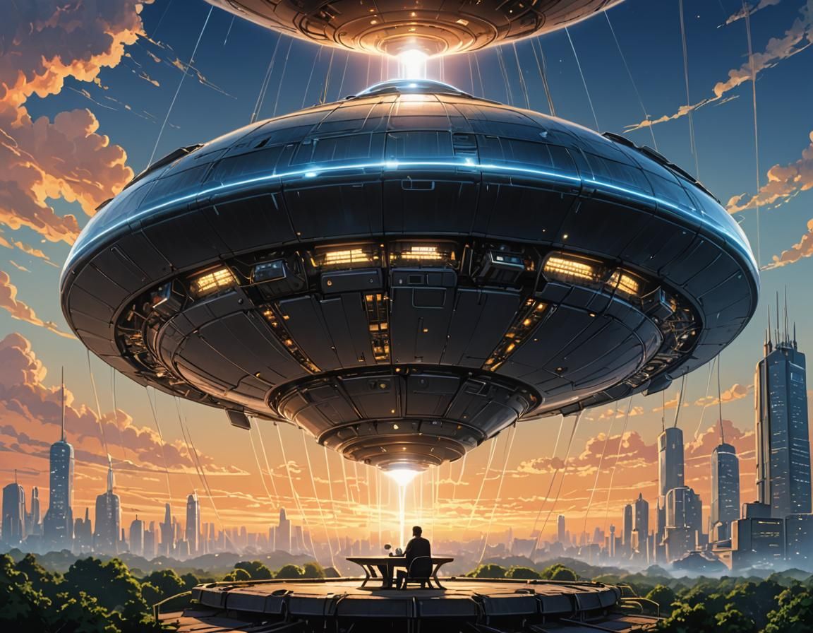 Tesla's Electric Flying Saucer Over Twin Towers: Anime Art