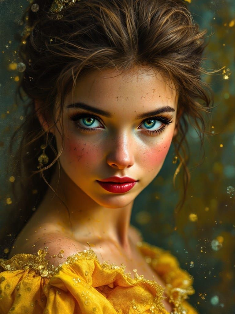 Hyperrealistic Princess Belle Portrait in Triadic Colors