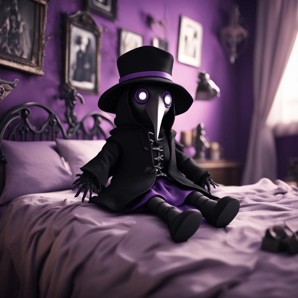 Chibi Plague Doctor Plush in Gothic Bedroom