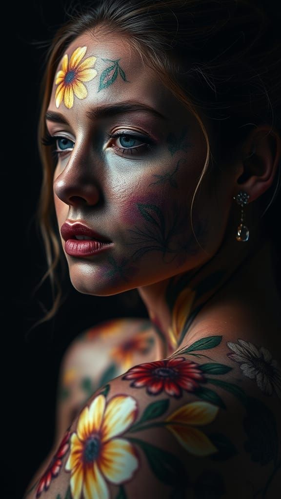 Woman with Floral Skin in Dramatic Studio Lighting