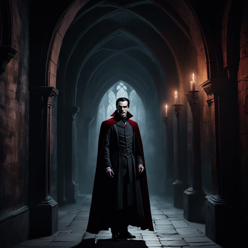 Count Dracula in Dark Gothic Castle Halls