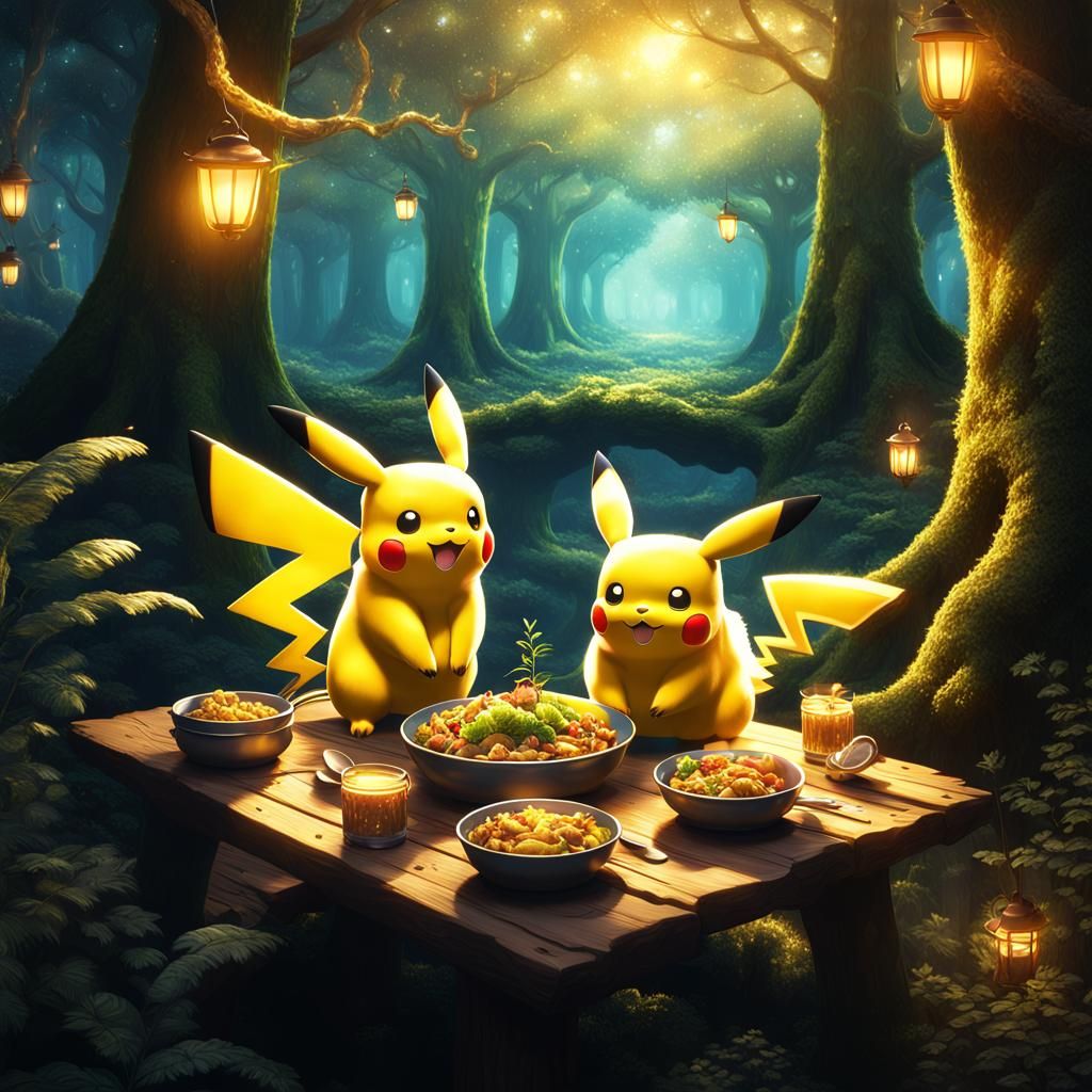 Pikachu Meal in Sparkling Forest: Digital Matte Painting