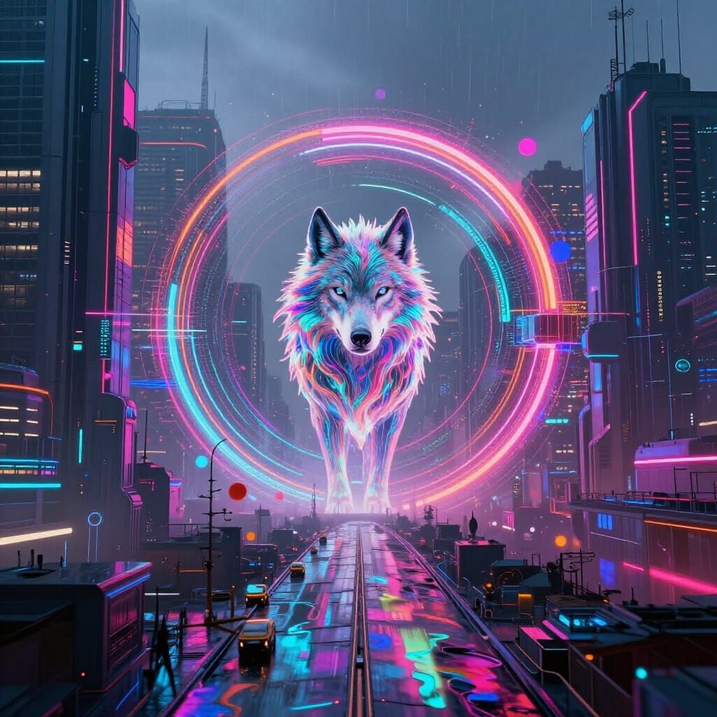 Abstract Cyberpunk Cityscape with Neon Wolf at Dawn