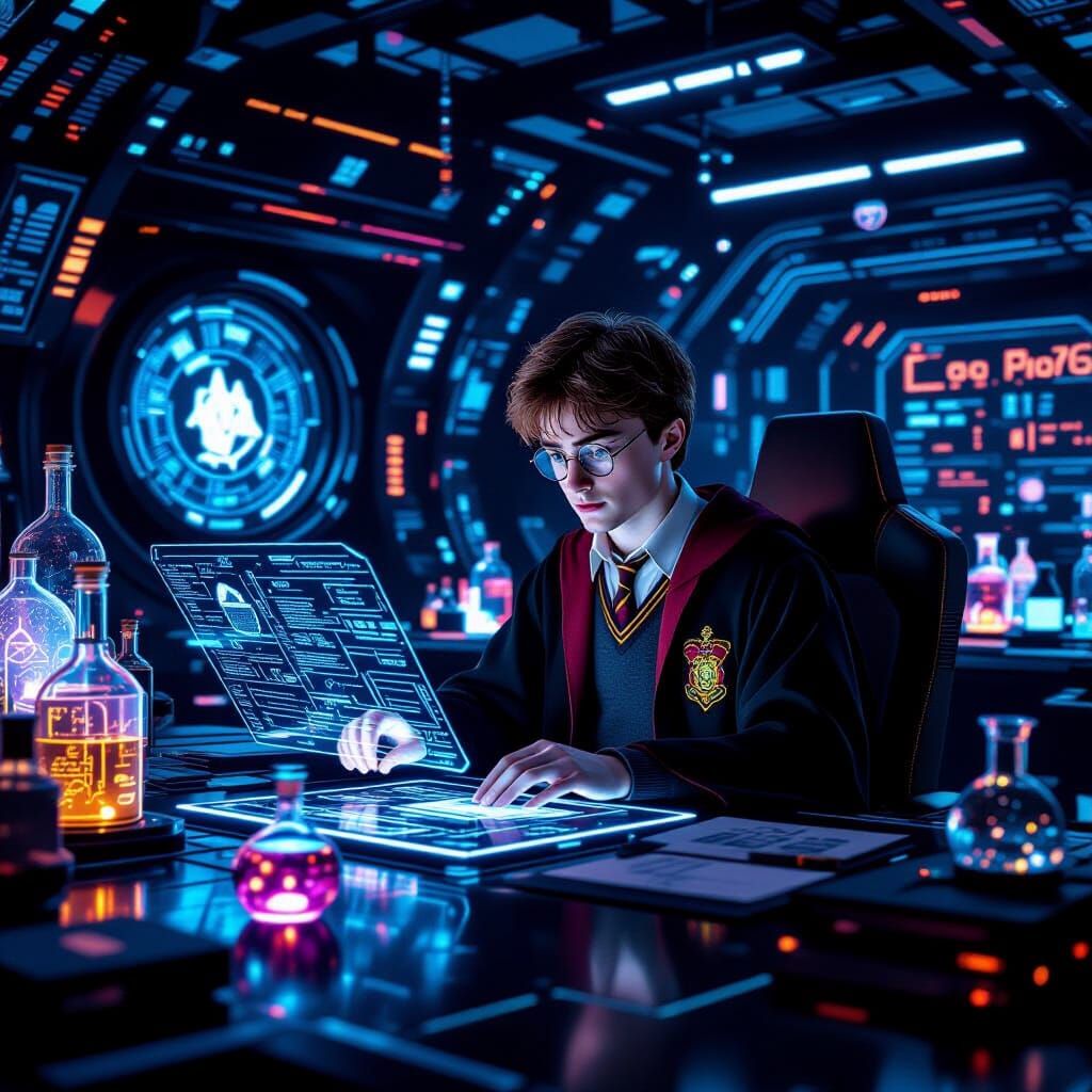 Harry Potter as Futuristic Wizard in Cyberpunk Style