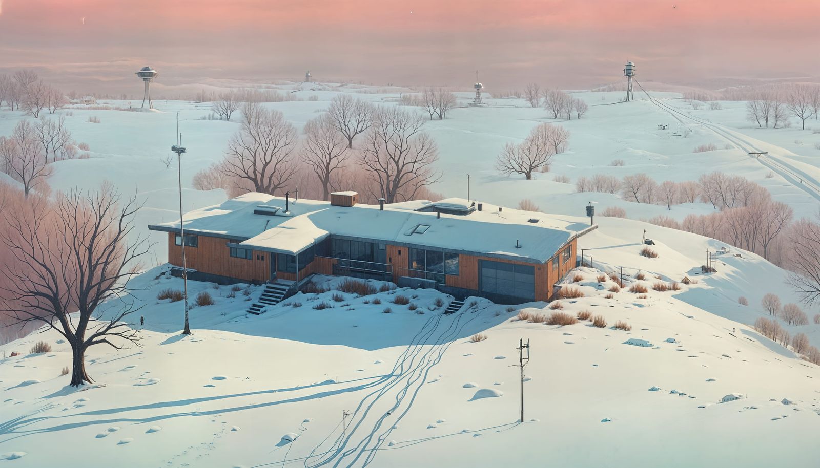Surreal Winter Homestead in Cyberpunk Hues
