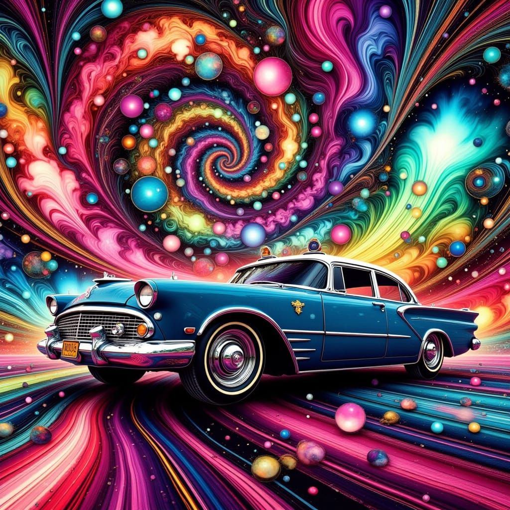 Psychedelic Taxi Driver in a Swirling Aura of Color