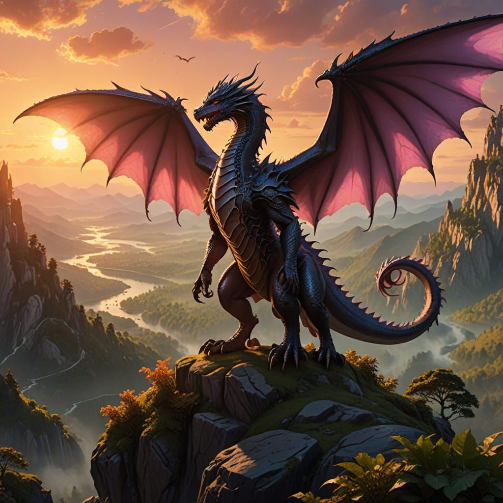 Majestic Dragons Soar Over a Verdant Forest at Sunset