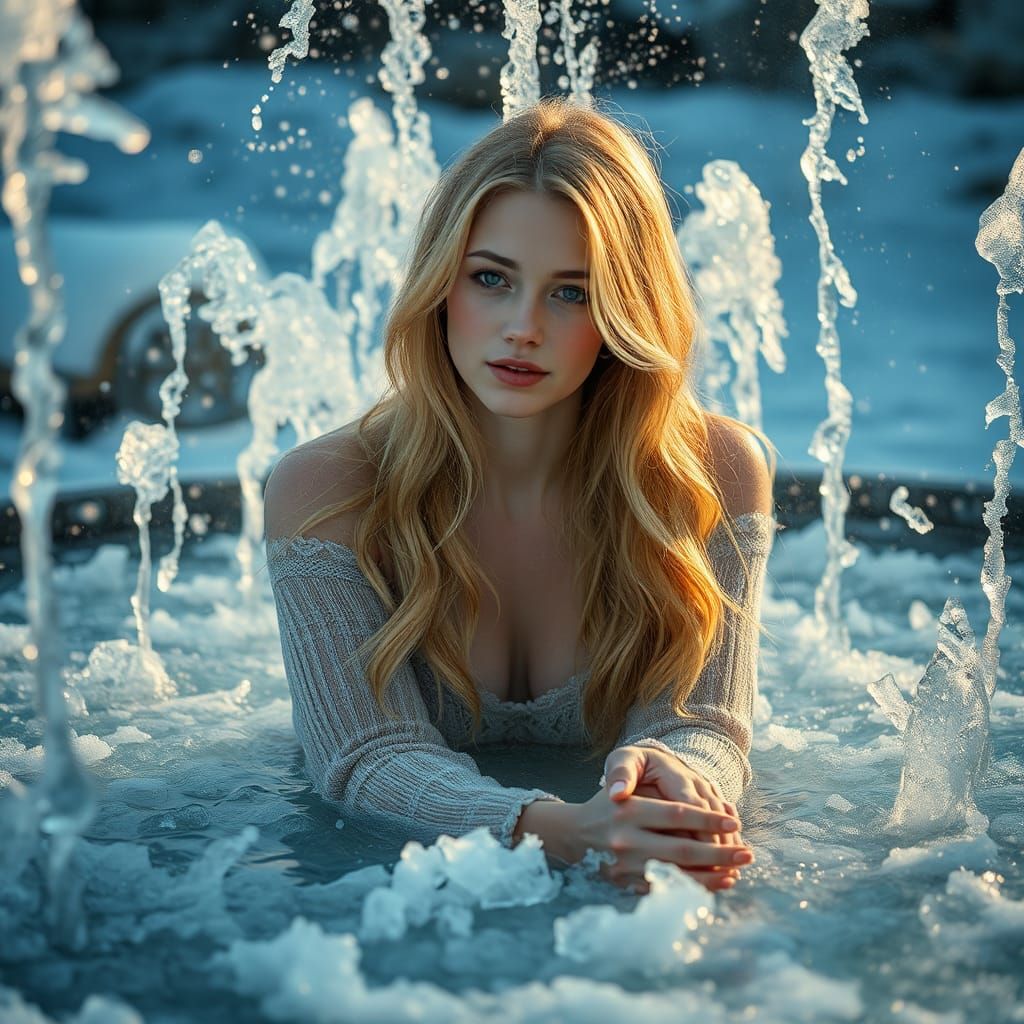 Icy Fountain Portrait in Hyperrealistic Style