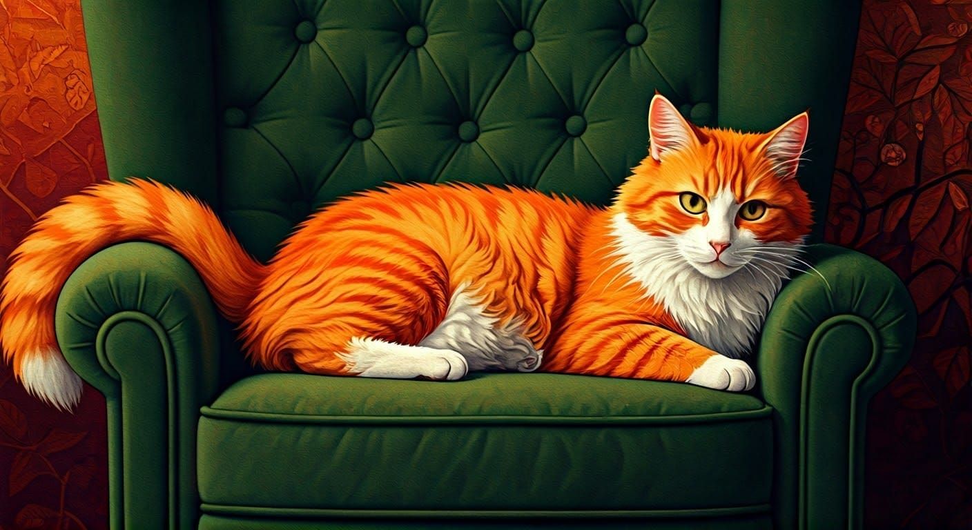 Red Cat on Green Armchair, Folk Art Illustration