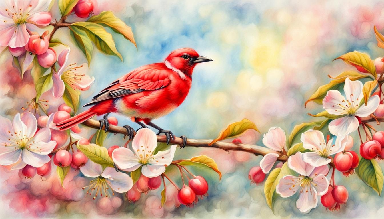 Red Crab Apple Blossoms with Bird: Pastel Watercolor