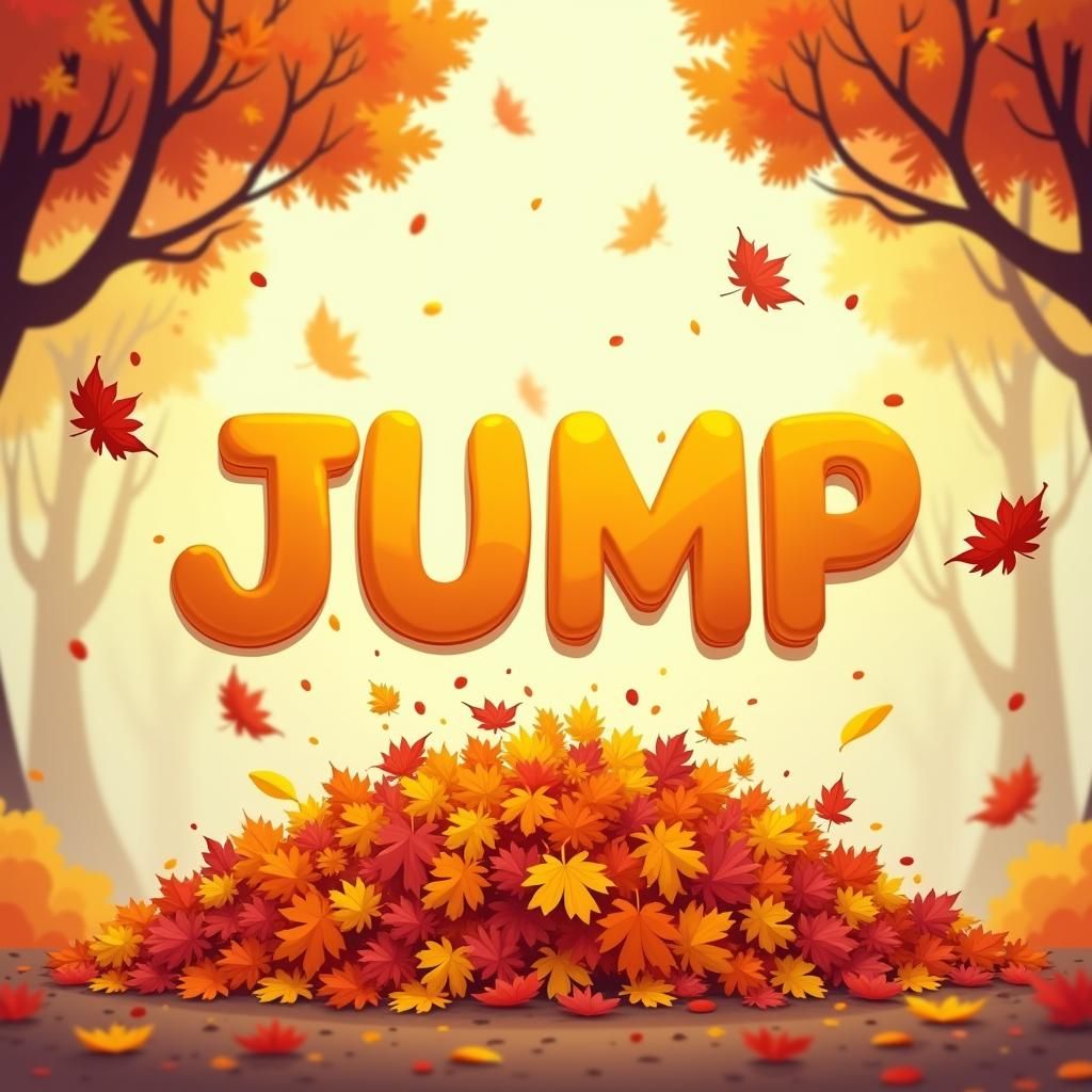 Cartoon Autumn Scene with "JUMP" Bubble Letters