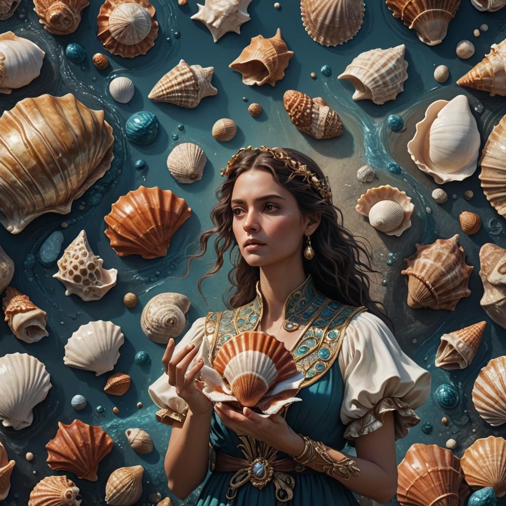 Woman with Seashell: Detailed Fantasy Art