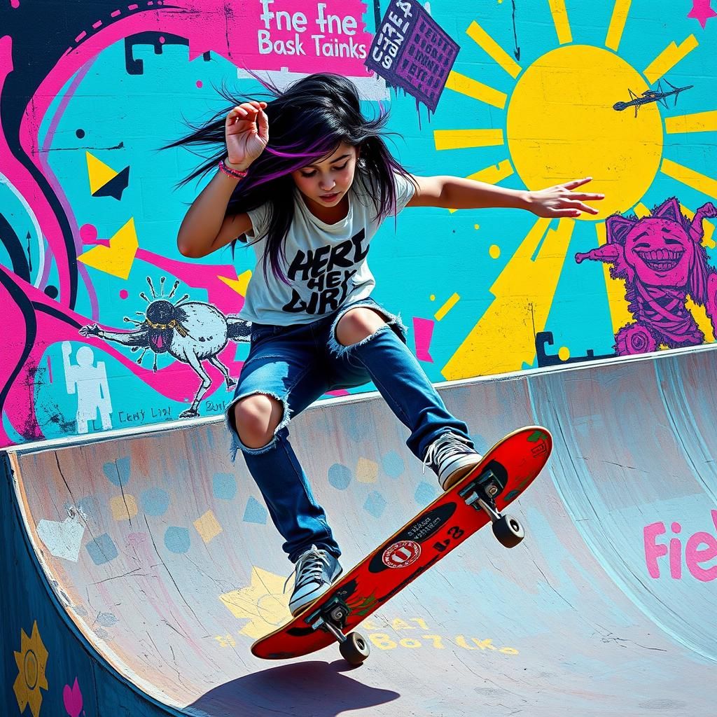 Skateboard Girl in Punk Rock 80s Style