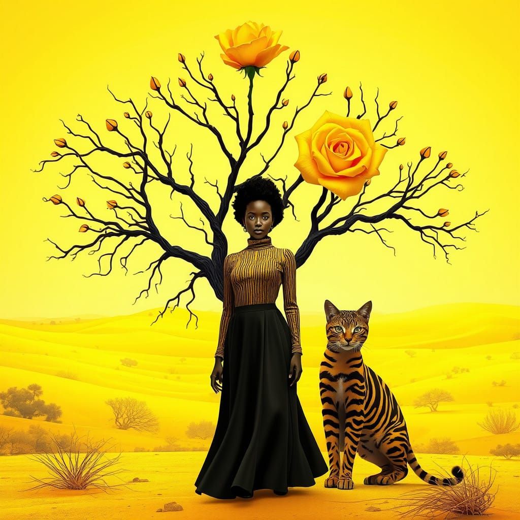 Vibrant Yellow Desert Dreamscape with Afro Woman and Majesti...