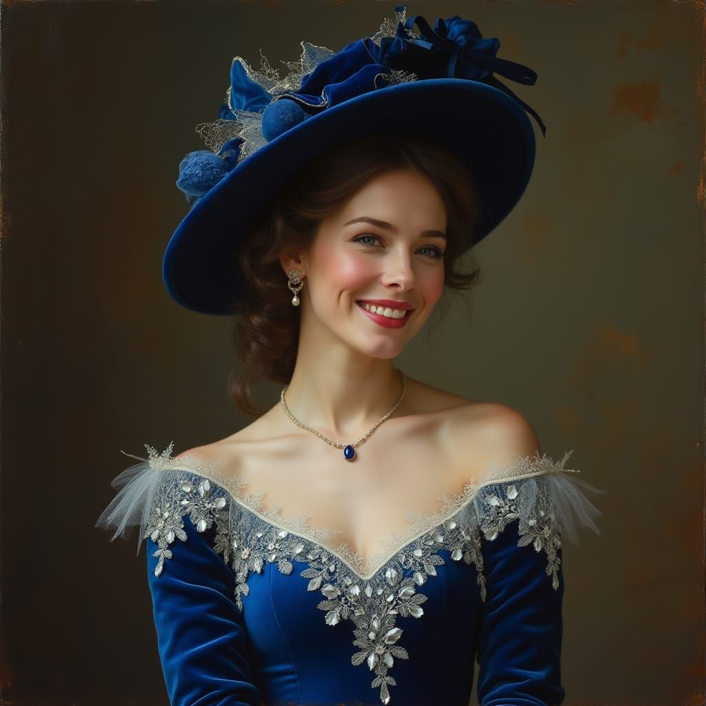 Elegant Woman in Blue Velvet Gown and Christmas Hat