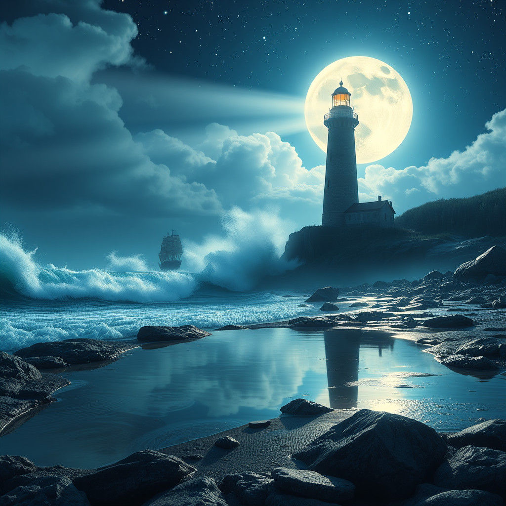 Majestic Lighthouse at Night on Rocky Coast