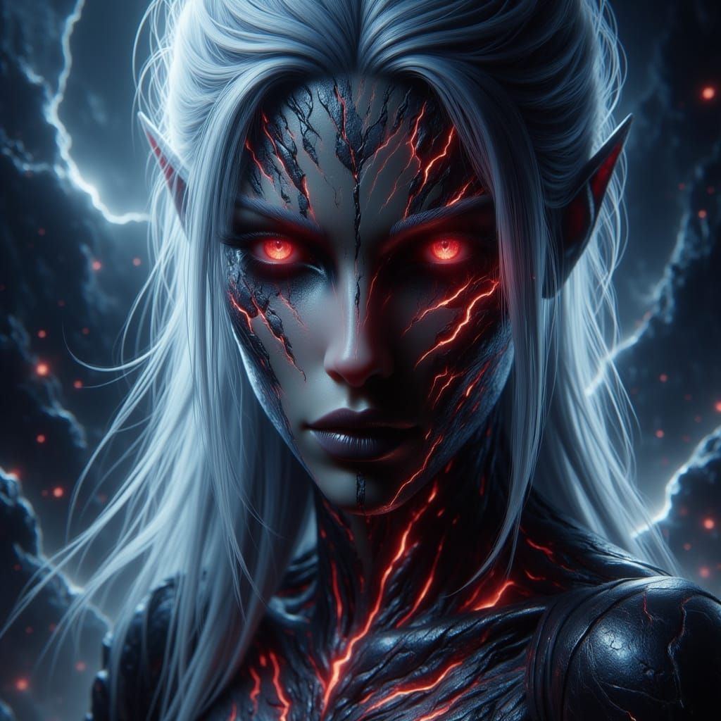 Ethereal Elven Enchantress in Charcoal Skin and Fiery Glow