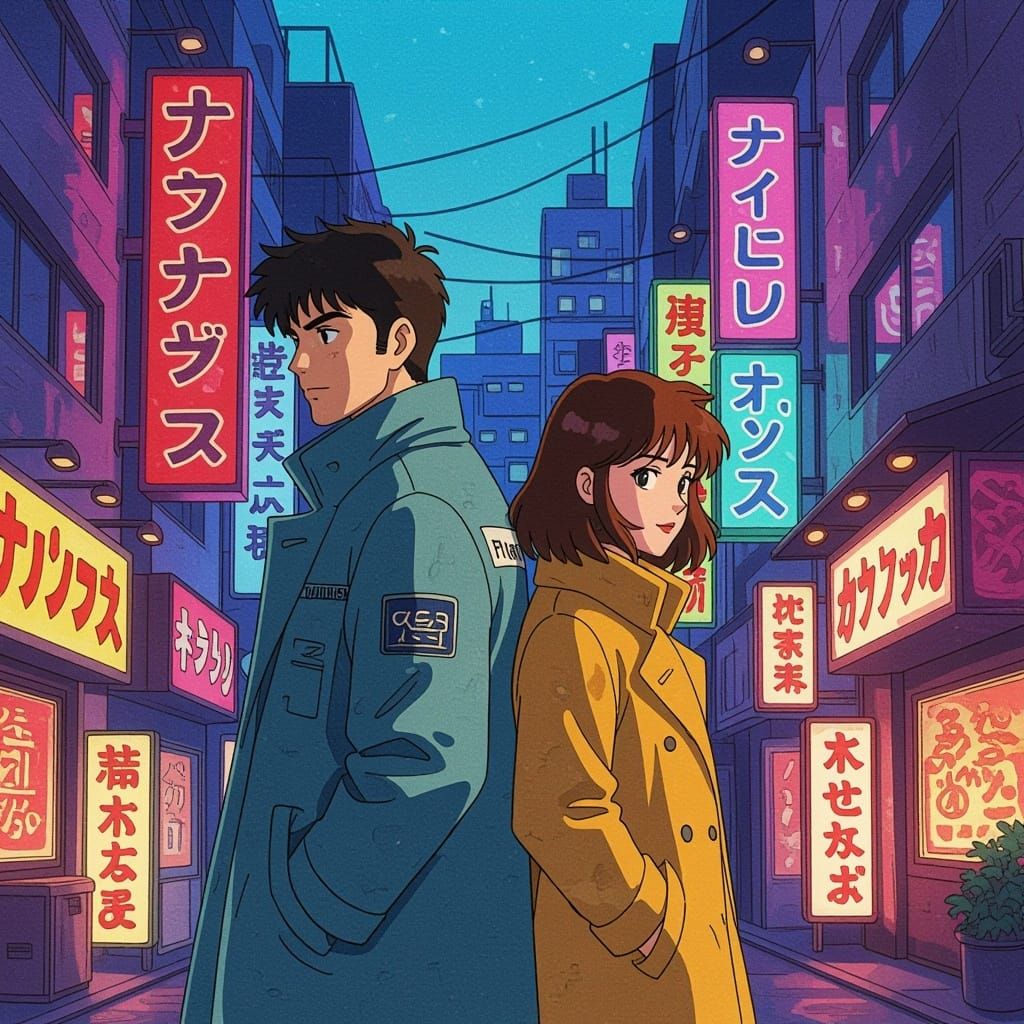 Couple Strolling Tokyo Streets in Retro Futuristic Style