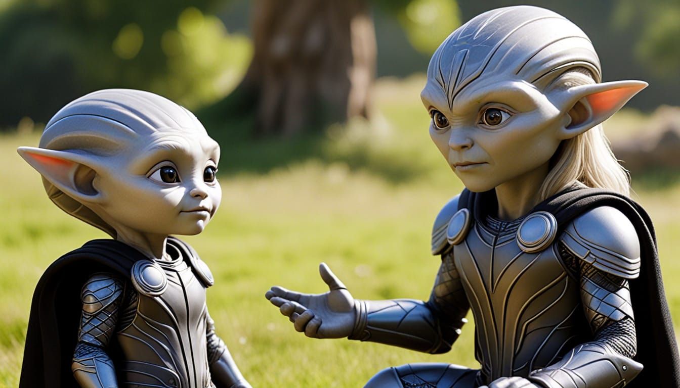 Cute Grey Aliens in Ghibli-Style Daylight Scene