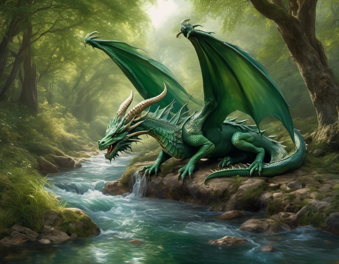 Hyperrealistic Green Dragon Drinks from Stream