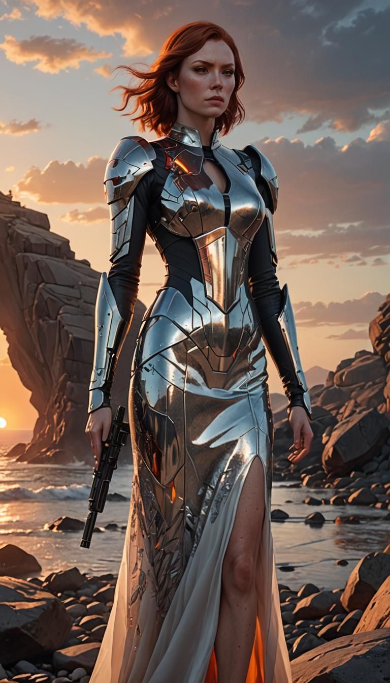 Defiant Woman with Futuristic Pistol at Sunrise