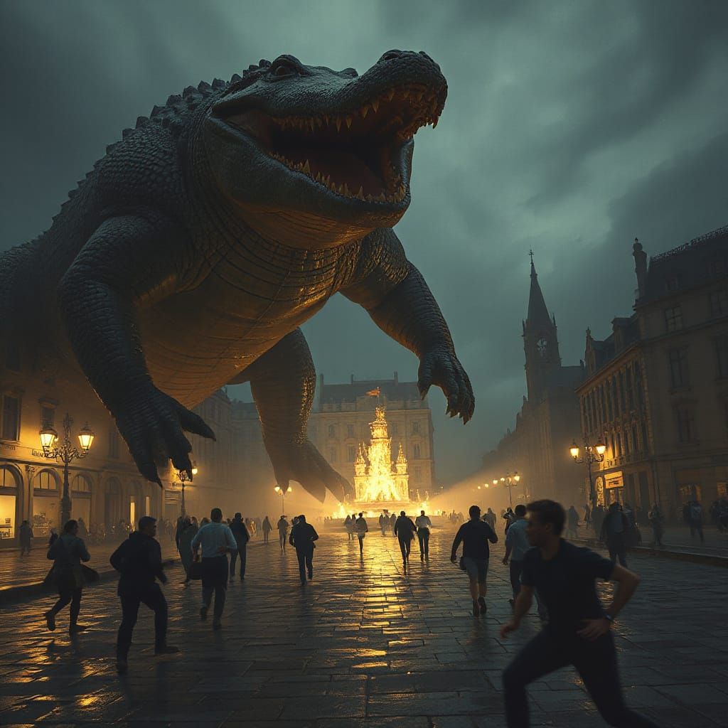 Gigantic Crocodile Terrorizes City Square in Dark Etching St...