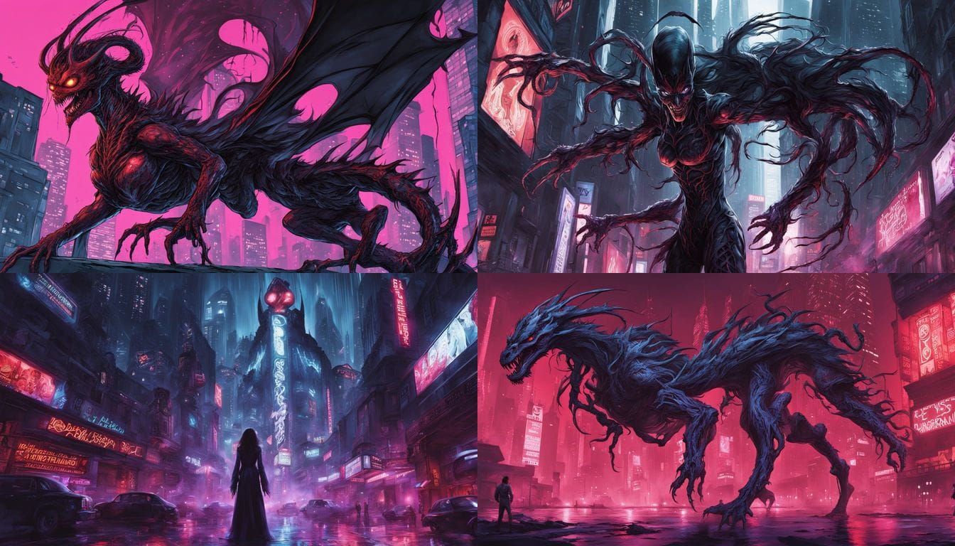 Seductive Vampire Demoness in Cyberpunk Metropolis