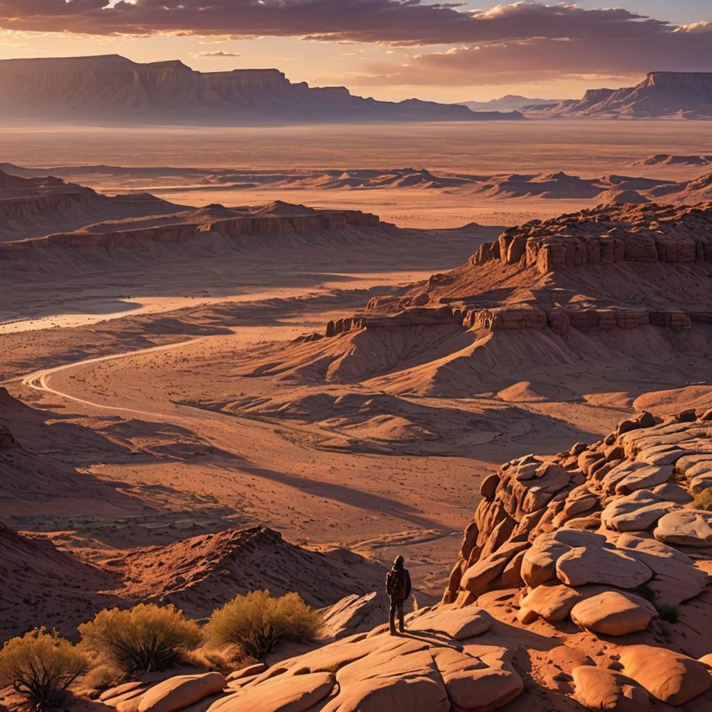 Vast Desert Mesa Landscape in Golden Light