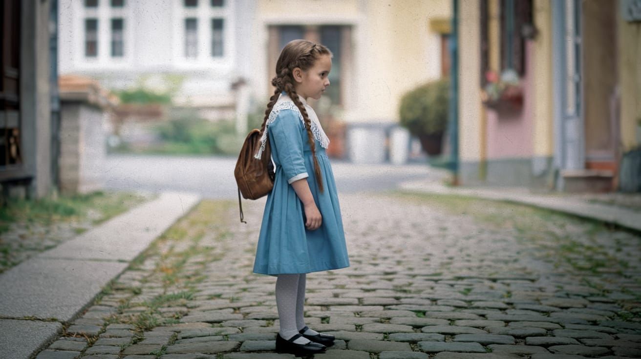 Girl with Braid in European Town, Cinematic Film Still