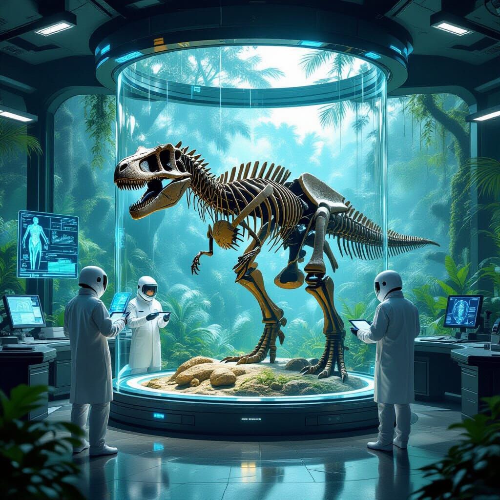 Futuristic Lab: Scientists Study Dinosaur Fossil in Sci-Fi S...