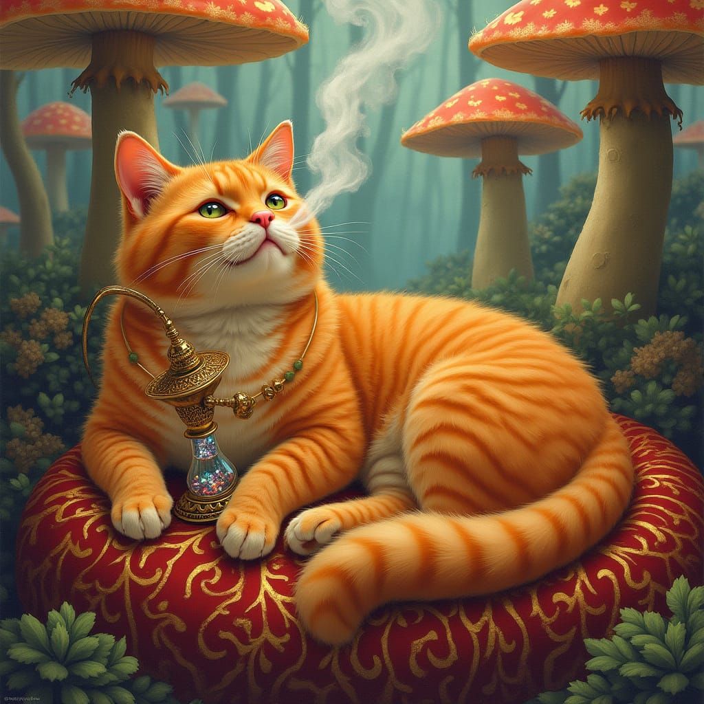 Vibrant Feline Monarch in Enchanted Mushroom Realm