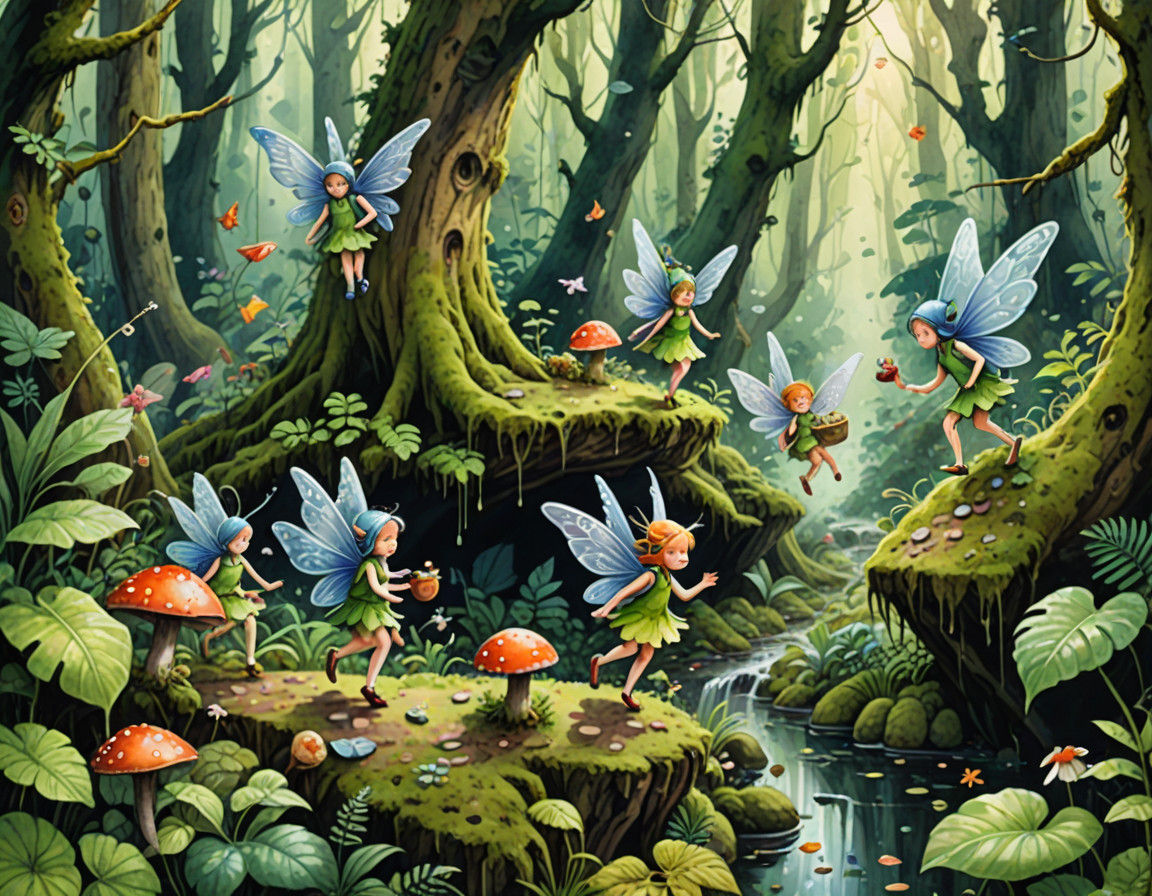 Whimsical Watercolor Fairies Gather Mossy Forest Delights