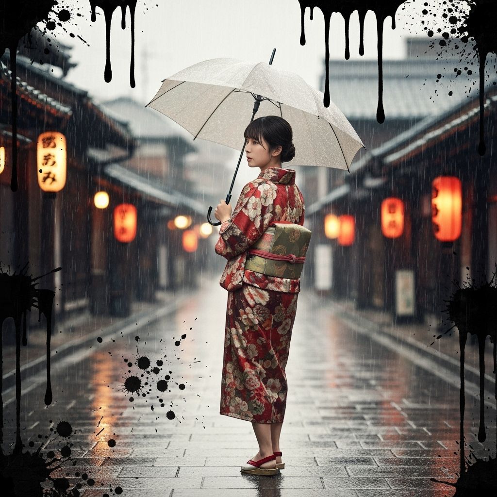 Japanese Woman Walking in Rain with Umbrella