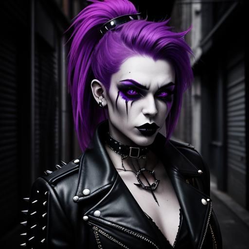 Gothic Industrial Portrait: Purple Mohawk in Neon Alleyway