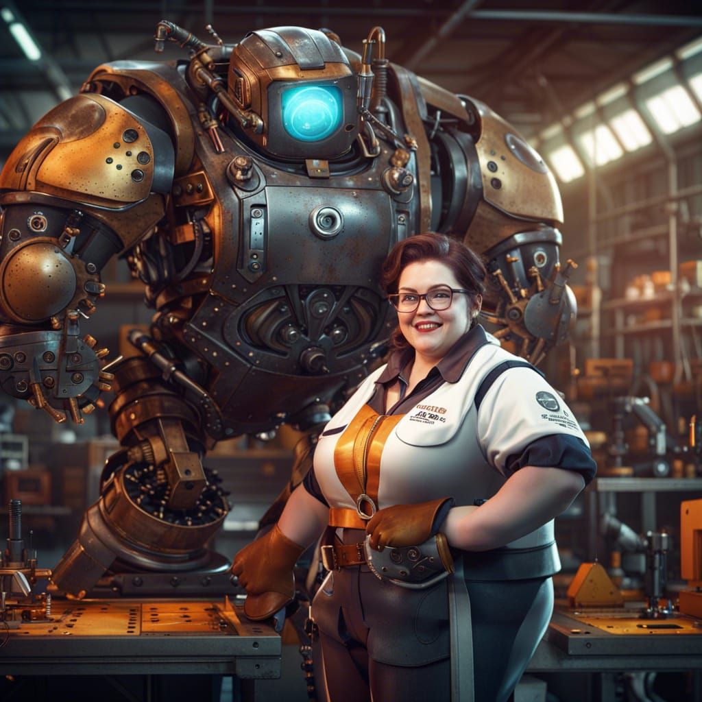 Chubby Robot Cowgirl in Detailed Factory
