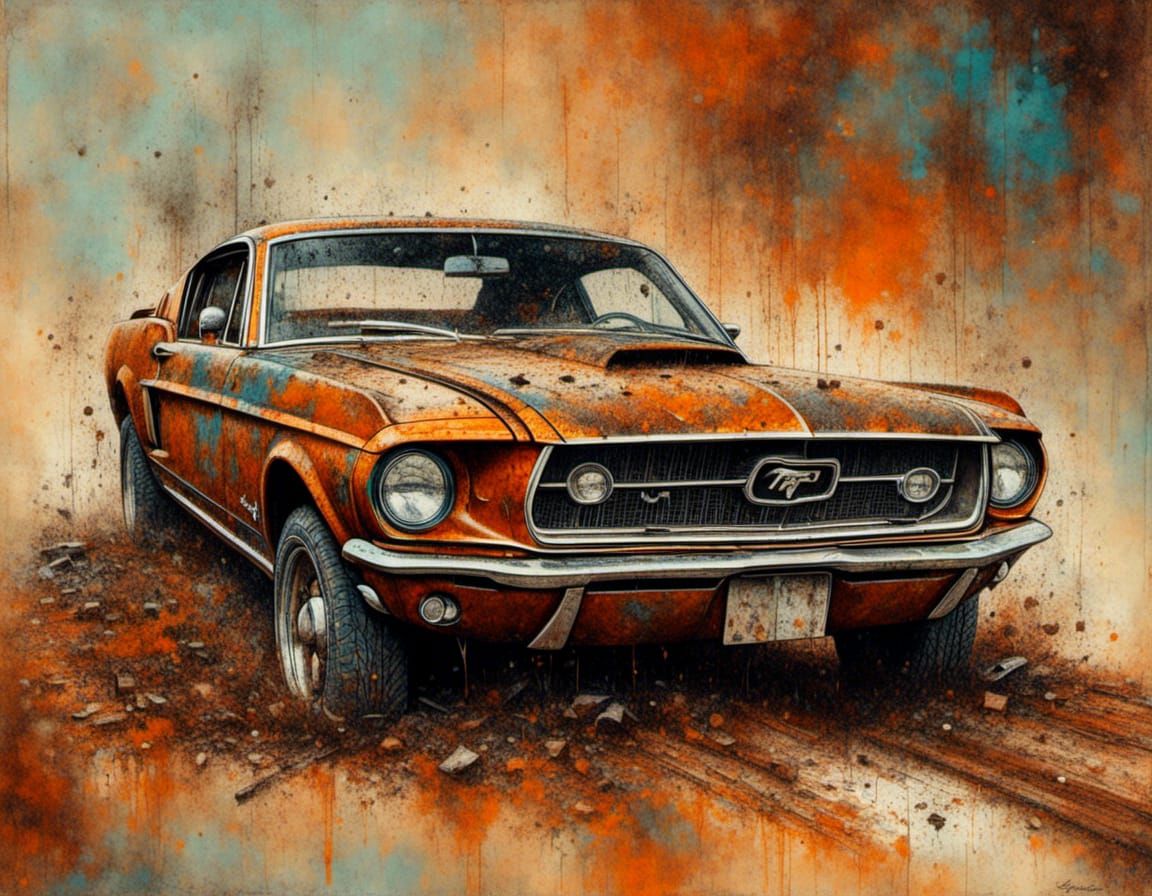 Gritty Post-Apocalyptic 1968 Mustang Fastback Oil Painting