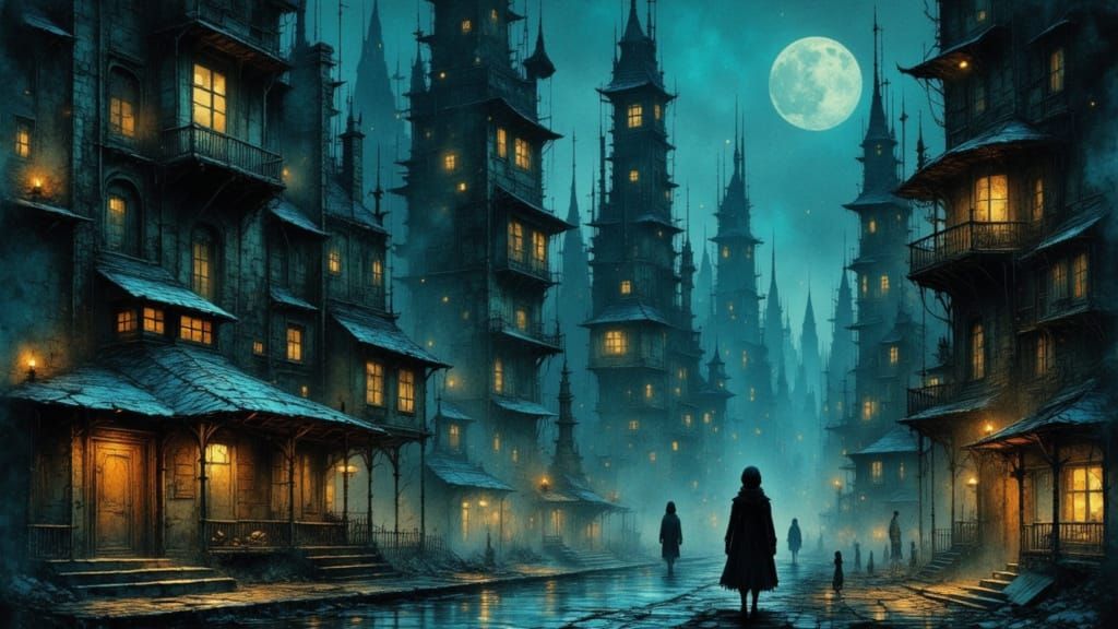 Fantastical City at Night in Matte Painting Style