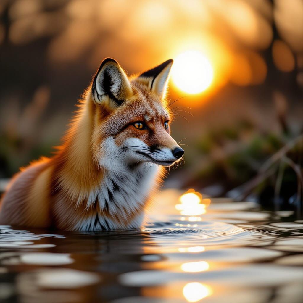 Watercolor Fox at Sunset in Professional Photography Style