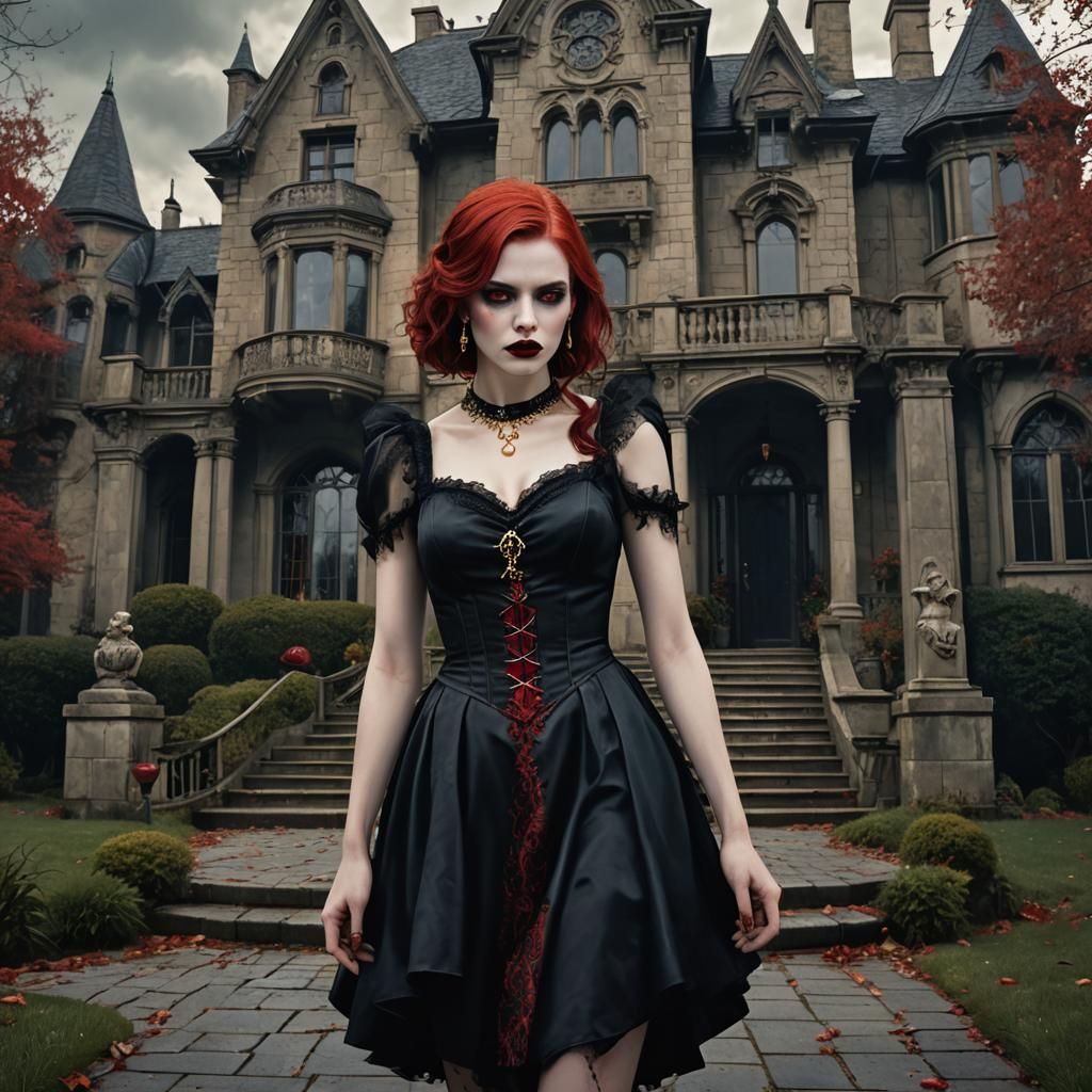 Gothic Vampire in front of Mansion
