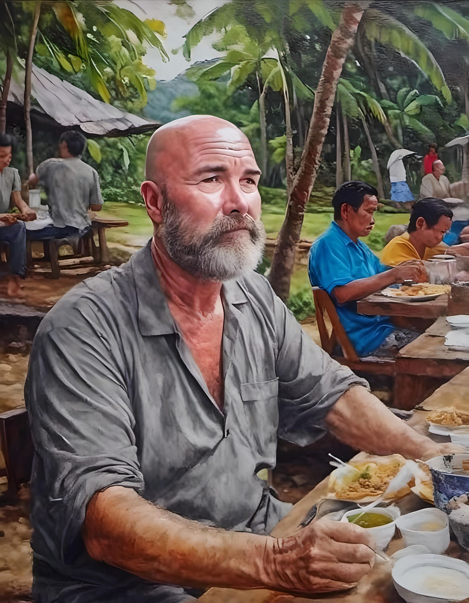 Man Eating Nasi Padang in Indonesia: Oil Painting