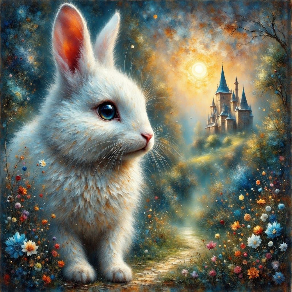 Ethereal Watercolor Bunny at Fairytale Castle